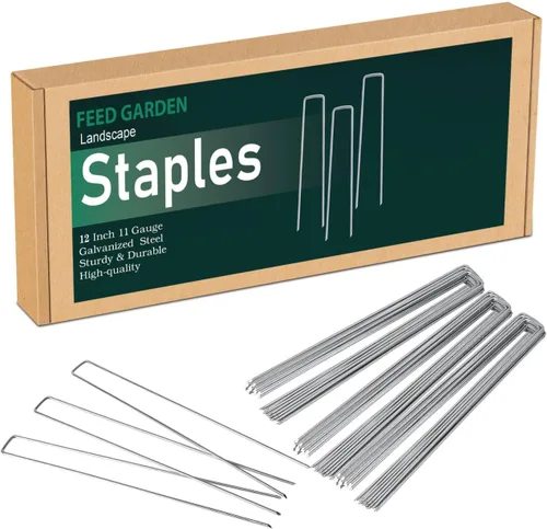 FEED GARDEN Paquete de 100 grapas galvanizadas de 12 pulgadas, calibre 11, estacas de jardín antioxidantes, tela de paisajismo, alfileres SOD,