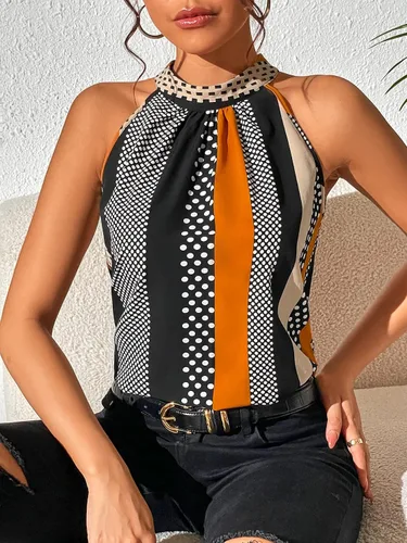 Miniatura 4 de SOLY HUX Blusas de verano para mujer, con cuello halter, diseño de lunares, a rayas, informal, sin mangas