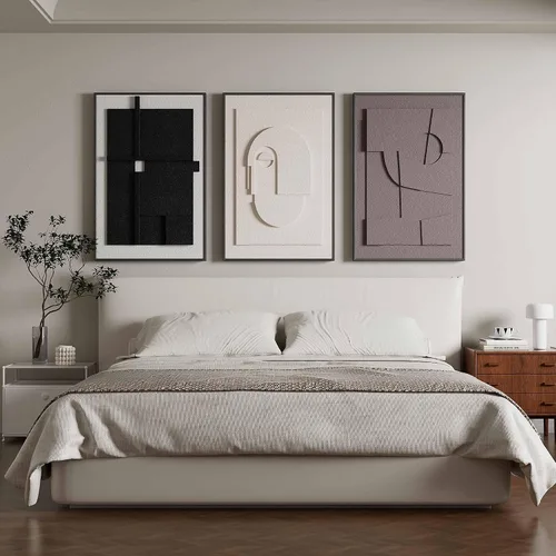 Miniatura 6 de Arte de pared abstracto texturizado 3D para dormitorio, 3 piezas de escultura moderna con marco neutro, pinturas cubistas geométricas de tono tierra