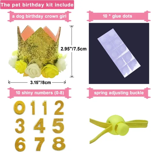Miniatura 2 de Sombrero de cumpleaños para perro, corona ajustable reutilizable para perros, gatos, cachorros, gatitos, fiesta de cumpleaños con números (amarillo)