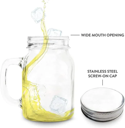 Miniatura 2 de Tazas de vidrio Mason con asa y tapas de lata (juego de 4) Idea de regalo con logotipo de fecha establecida en relieve, para café, jugo, ponche