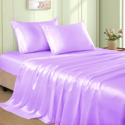 Miniatura 10 de VACVELT Juego de 3 sábanas de satén color beige tamaño individual, juego de ropa de cama, sábana bajera de satén sedoso con bolsillo profundo de 15