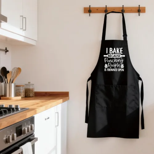 Miniatura 4 de Divertidos delantales para hornear con texto en inglés "I Bake Because Punching People is Frowned Upon", delantales negros de cocina para mujer