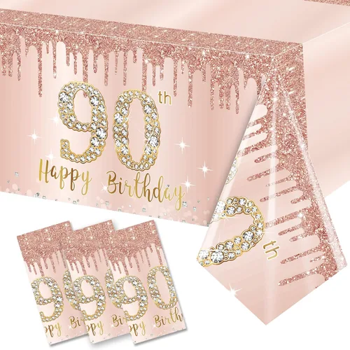 3 piezas de manteles de cumpleaños número 90 para mujeres, decoración de tema feliz 90 en rosa y oro, suministros de fiesta de cumpleaños de 90