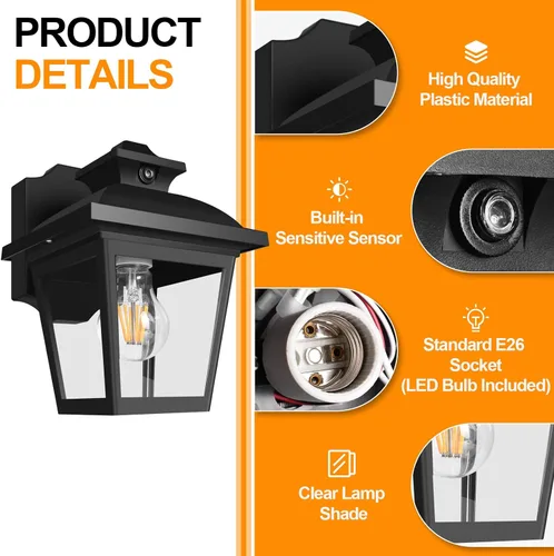 Miniatura 3 de FUDESY Farol de Pared Exterior de Anochecer a Amanecer, Luz de Porche con Sensor Exterior Montaje en Pared con Bombilla LED, Iluminación de Aplique