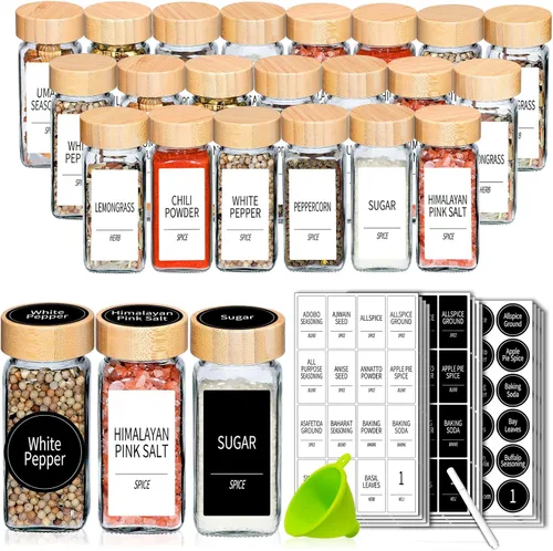 Churboro 24 tarros de especias con etiquetas y tapas de bambú, recipientes de vidrio de 4 onzas con tapas agitadoras, 547 etiquetas de especias de 3