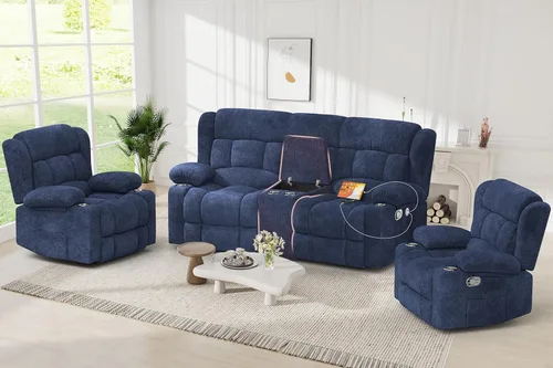 Miniatura 30 de Juego de Sofá Reclinable de Dos Plazas con 2+1 Piezas, Sillón Reclinable Minimalista de 2 Plazas con Pestaña de Tirón Manual, Tela con Puertos