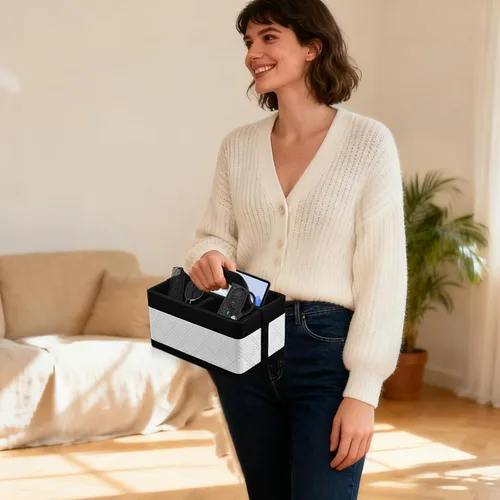 Miniatura 9 de Organizador de Escritorio Caddy con Asa - Soporte Portátil de Cuero PU para Control Remoto - Bolsa de Almacenamiento Tote para Mesita de Noche