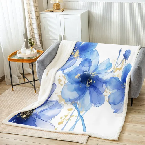 Manfei Blue Flower Kids Throw Blanket Watercolor Floral Print Bed Blanket for Boys Girls Room Decor, Fashion Flower Blanket for Couch Sofa, Soft and
