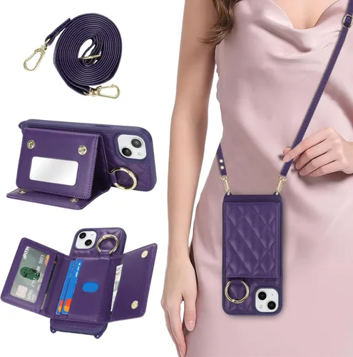 Miniatura 27 de Funda para iPhone 14 Plus con tarjetero y correa para mujer, cordón cruzado, espejo de maquillaje, soporte de anillo, cierre a presión, bonitas Rosa