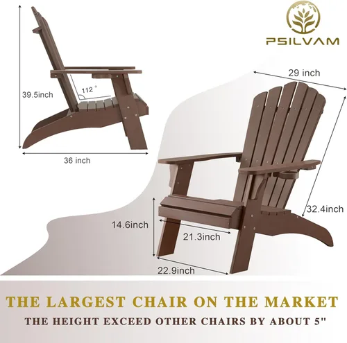 Miniatura 3 de Psilvam Silla Adirondack, silla para hoguera de madera de polietileno de gran tamaño con soporte para tazas, sillas de patio de soporte de 350 Marrón