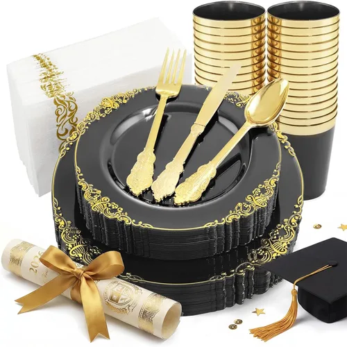 Miniatura 20 de Nervure 175 piezas de vajilla de plástico azul - Juego de vajilla de plástico azul dorado desechable incluye 50 platos para cena y postre, 25 Azul
