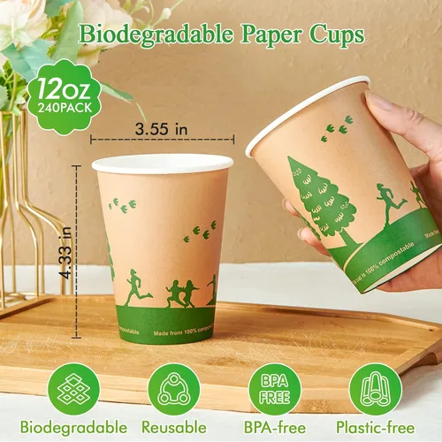 Miniatura 4 de ECOLipak 240 unidades de 12 onzas Tazas de papel compostables, tazas de café desechables biodegradables con revestimiento de PLA, tazas de papel