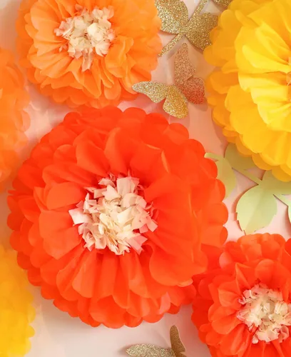 Miniatura 5 de Fonder Mols Papel de seda con mariposas y hojas de olivo para bodas, baby shower, cuarto de bebé, decoración de fiestas y eventos, pompones Amarillo