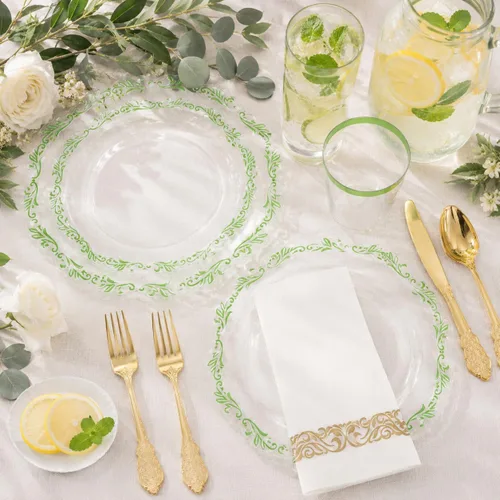 Miniatura 5 de PULOTE 175 platos de plástico verde – Plástico transparente con borde verde desechable – Incluye 25 platos de cada uno (cena y postre), 75