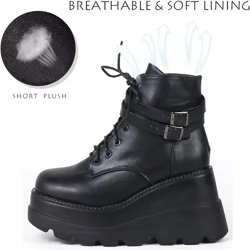 Miniatura 5 de CELNEPHO Botas de plataforma gruesa para mujer, puntera cuadrada, con cordones, tacón alto, tacón alto, botas de tobillo de cuña