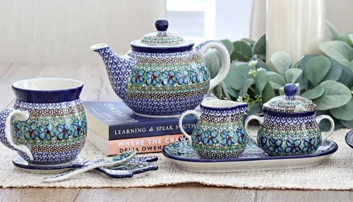 Miniatura 2 de Blue Rose Polish Pottery Bluebird - Juego de crema y azúcar con bandeja