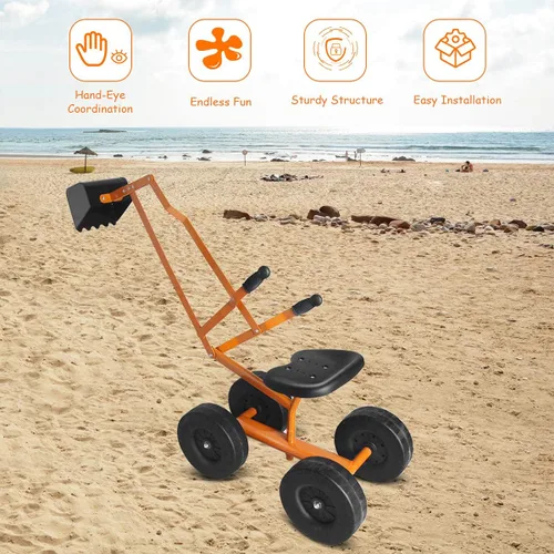 Miniatura 6 de Costzon Excavadora de arena para niños, excavadora de cuchara de excavación de acero resistente con asiento giratorio de 360°, 4 ruedas engrosadas