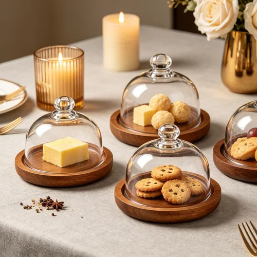 Miniatura 2 de Yardwe Paquete de 2 mini cúpula de postre de cristal con base de madera, soporte para pasteles de 3.4 pulgadas con cubierta de vidrio transparente