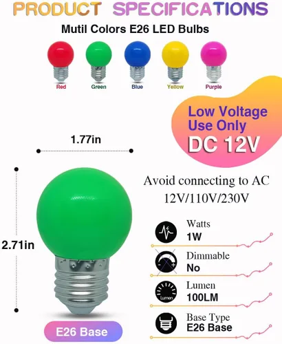 Miniatura 2 de Bombilla de luz CC de 12 V, bombillas LED de bajo voltaje, verde de 1 W G14 G45 Mini Globe E26, luces nocturnas de colores, equivalente a 10 W