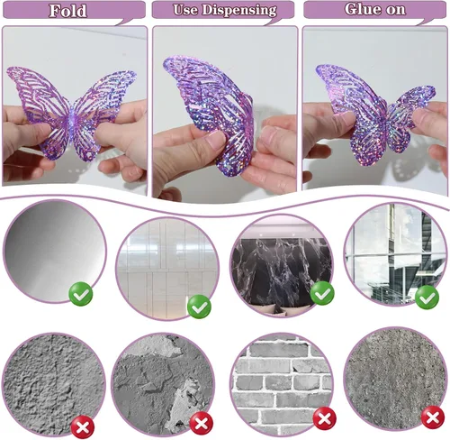 Miniatura 6 de 60 calcomanías 3D de lentejuelas moradas para decoración de pared, 5 estilos y 3 tamaños, decoración de mariposa holográfica para dormitorio