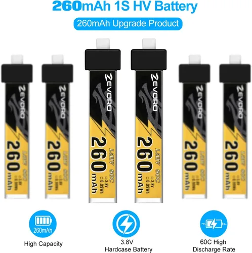 Miniatura 5 de 6pcs 260mAh 1S Lipo Batería 3.8V 80C LiHV Batería con BT2.0 Conector para FPV Tiny Whoop Drone Quadcopter