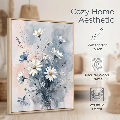 Miniatura 5 de Lienzo decorativo de margaritas azules y rosas, impresión de estilo floral abstracto, arte de ramo de flores silvestres moderno y neutro, decoración