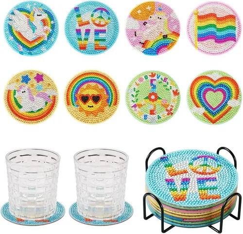 Miniatura 19 de FASHEWELRY 8 posavasos de arte de diamante con soporte para abejas, kit de posavasos de pintura de diamantes para bebidas, kits de arte de diamantes