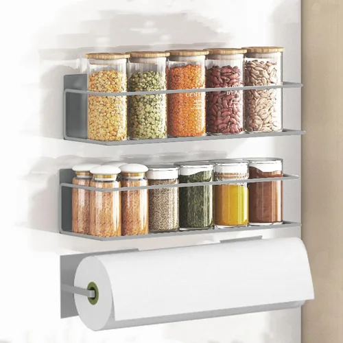 Miniatura 15 de Estante magnético para especias para refrigerador, estante magnético de ahorro de espacio para nevera negro, paquete de 2 con soporte magnético