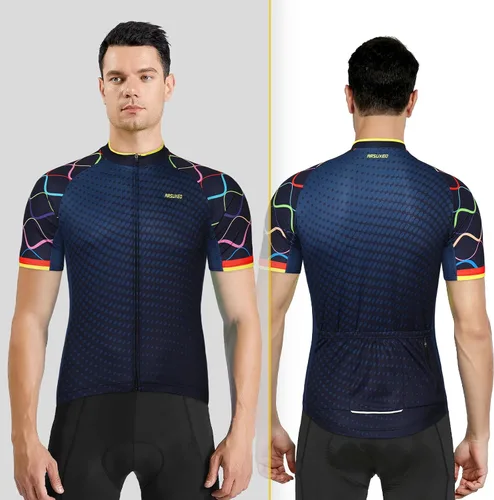 Miniatura 5 de ARSUXEO Camiseta de ciclismo de manga corta para hombre, camiseta de ciclismo de montaña MTB con bolsillos con cremallera reflectante