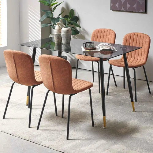 Miniatura 5 de Juego de 4 sillas de comedor, modernas sillas de comedor de piel sintética de mediados de siglo con patas de metal negro, cómoda silla de cocina
