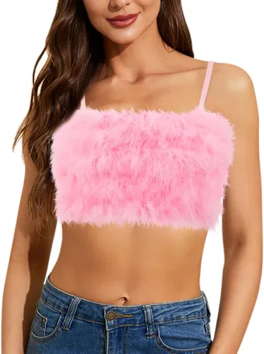 Vimoisa -Blusa ajustada y corta de pelo sintético y tirantes delgados para mujer, ombliguera tipo tubo sin mangas