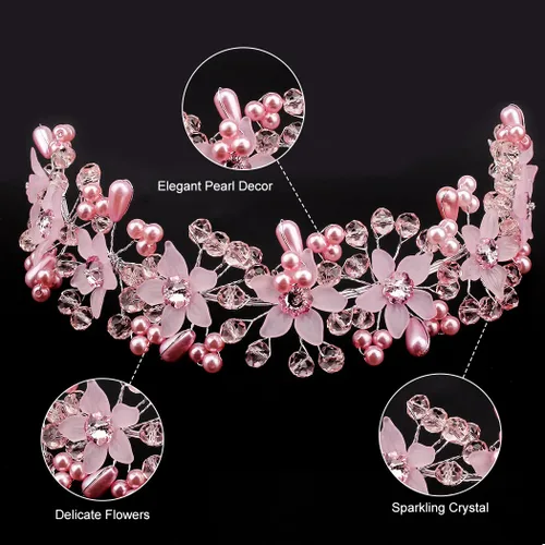 Miniatura 3 de CURASA Diadema de perlas rosas de cristal para niña, corona de princesa para cumpleaños, primera comunión