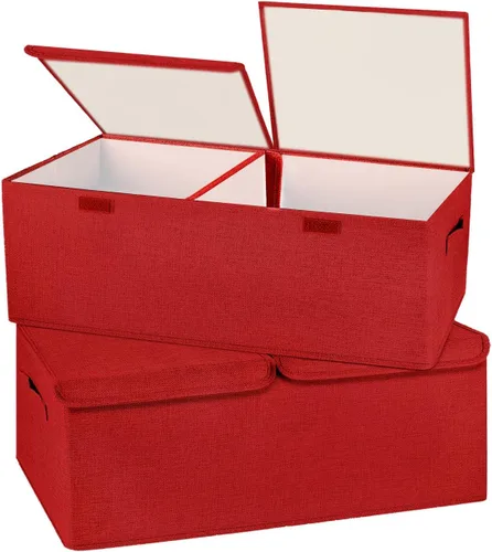 Miniatura 18 de Paquete de 2 Cajas de Almacenamiento Grandes con Tapas y Asas, Contenedores Organizadores Cestas Cubos de Almacenamiento de Lino Plegables con Crema