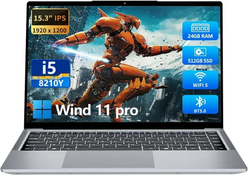 KUMNOSAL Laptop 2026, portátil de 15.3 pulgadas con i5-8210Y (hasta 3.6 GHz), 24 GB de RAM 512 GB SSD, FHD IPS 1200p, portátil abierto de 180°, WiFi