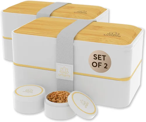 Miniatura 8 de Umami Cajas de almuerzo con 4 utensilios, tarro de salsa, Caja bento apilable que ahorra espacio para adultos, 100% a prueba de fugas, contenedores