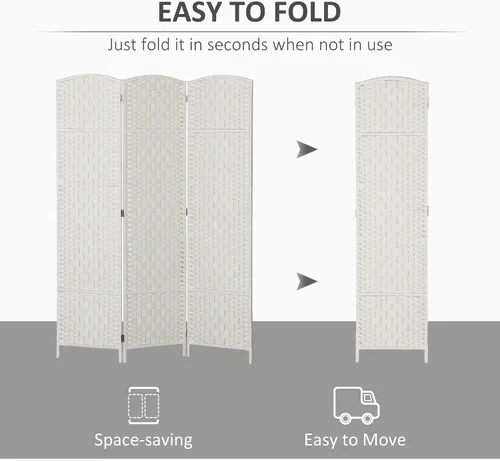 Miniatura 3 de HOMCOM Divisor de habitación, pantalla de privacidad plegable de 3 paneles, 6 pies de alto, divisor de pared de tejido de mimbre portátil para Blanco