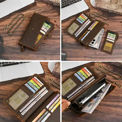 Miniatura 79 de Genuino Caballo Loco Cuero Regalo de Viaje Moneda Bolsillo Tarjetero Organizador Largo Cadena Rfid Cartera Monedero Con Broche Para Hombres Hombres