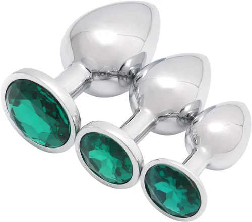 Miniatura 18 de AKStore 3 tapones anales fetiches de acero inoxidable con diseño de joyas lujosas para fantasías sexuales de bondage, tamaños grande, mediano y Azul