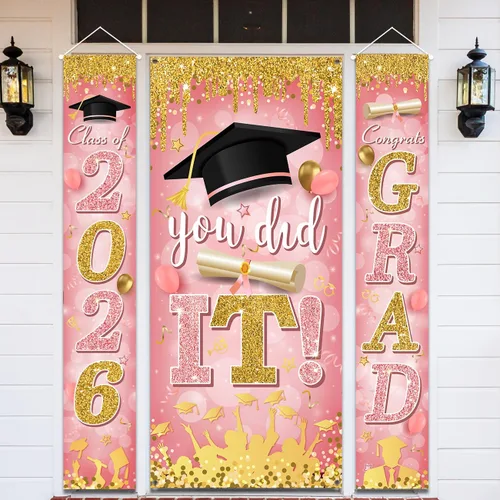 Miniatura 8 de Decoraciones de graduación negras y doradas para la clase de 2026 con texto en inglés "Congrats Grad and You Did It" para suministros de fiesta