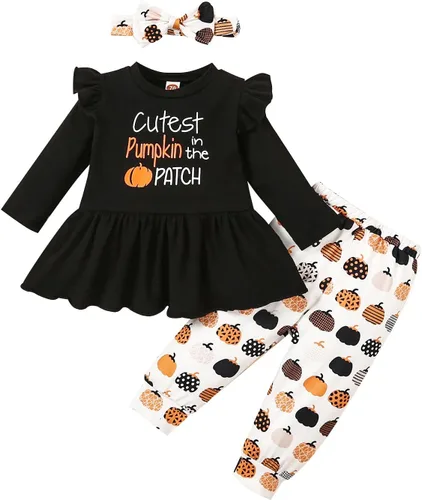 Noubeau My 1st Halloween Baby Girl Outfits Ruffle Pumpkin Print Túnica Drees Camisa Pantalones Rayas Legging Otoño Invierno Ropa