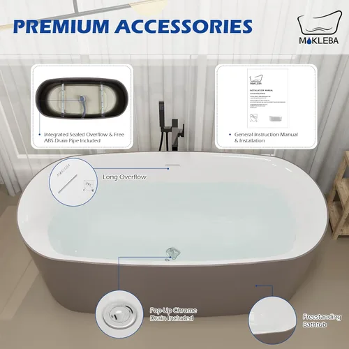 Miniatura 9 de Bañera independiente de resina de superficie sólida de 59 pulgadas, forma ovalada, moderna bañera de resina de piedra profunda con desbordamiento