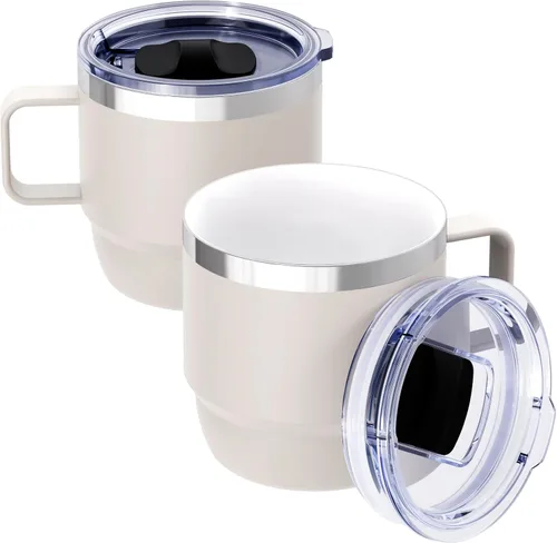 Miniatura 12 de Taza de café pequeña de 8 onzas con tapa deslizante magnética y asa, acero inoxidable 18/8 con forro de cerámica, doble pared aislada al vacío