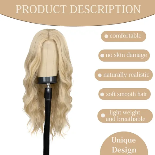 Miniatura 3 de Pelucas rubias 613 para mujer, con línea de cabello de encaje, largas, onduladas, de parte media, resistentes al calor, de pelo sintético de aspecto