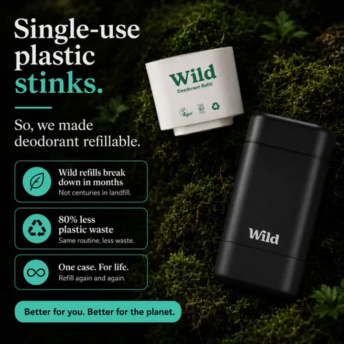 Miniatura 7 de Wild - El Kit Inicial Completo - Estuche Negro con Recargas en una Variedad de Aromas Frescos 5 x 40ml - Desodorante Recargable y Sin Aluminio