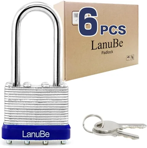 Miniatura 12 de LanuBe Candado laminado de 1-9/16 pulgadas (1.575 in) de largo grillete paquete de 2 llaves iguales, aro de plástico azul, cerraduras a granel