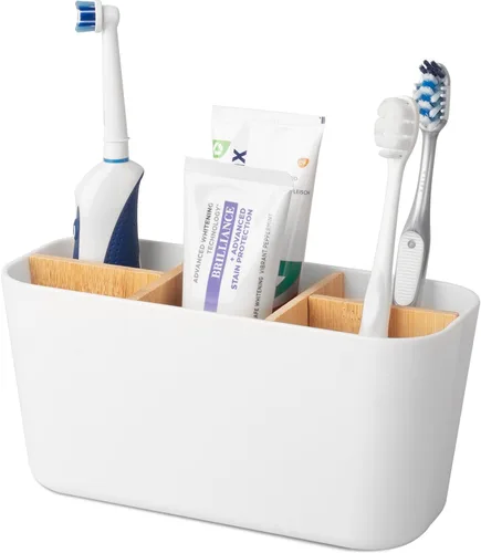 Miniatura 6 de Portacepillos de dientes para baños, soporte para cepillos de dientes de bambú con 5 ranuras, organizador de tocador de baño para encimera