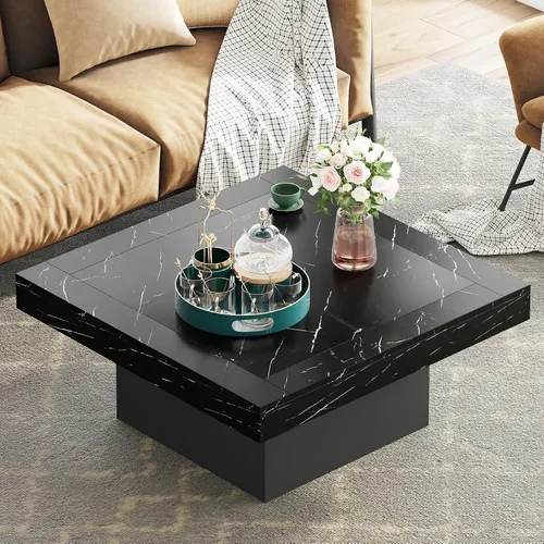 Miniatura 5 de Tribesigns Mesa de centro LED de madera de ingeniería cuadrada de bajo perfil para sala de estar (Mármol falso negro+negro) LED