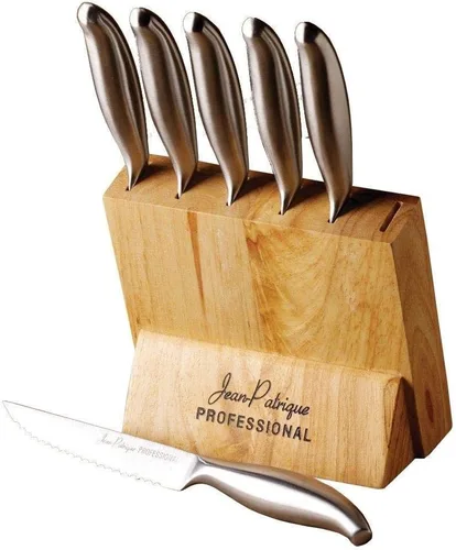 Jean-Patrique Juego de cuchillos de cocina con bloque – Juego de 6 cuchillos de acero inoxidable con soporte de madera – Aptos para lavavajillas,