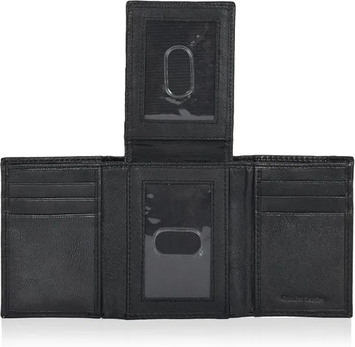 Miniatura 42 de Cartera de cuero RFID hecha a mano para hombres, elegante cartera de bolsillo frontal triple con 2 ranuras para identificación y 9 tarjetas, Negro